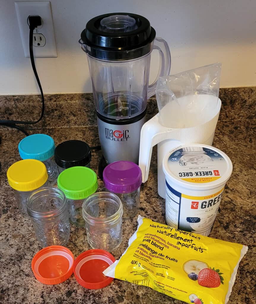 The supplies I used to make yogurt drinks. A magic bullet with a pitcher attachment, half pint mason jars with lids, milk, Greek yogurt, frozen strawberries, blueberries and bananas.